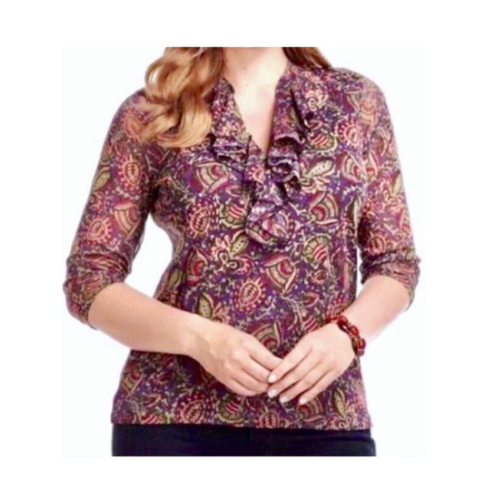 Chaps Denim by Ralph Lauren Ruffled Floral Knit Top in Purple/Tan/Red Women’s M